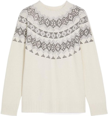 (Women) 'S Max Mara MaxMara Osmio White Cashmere Sweater with Rhinestone Ethnic Pattern. 1366082306001-OSMIO Order (Women) 'S Max Mara MaxMara Osmio White Cashmere Sweater with Rhinestone Ethnic Pattern. 1366082306001-OSMIO