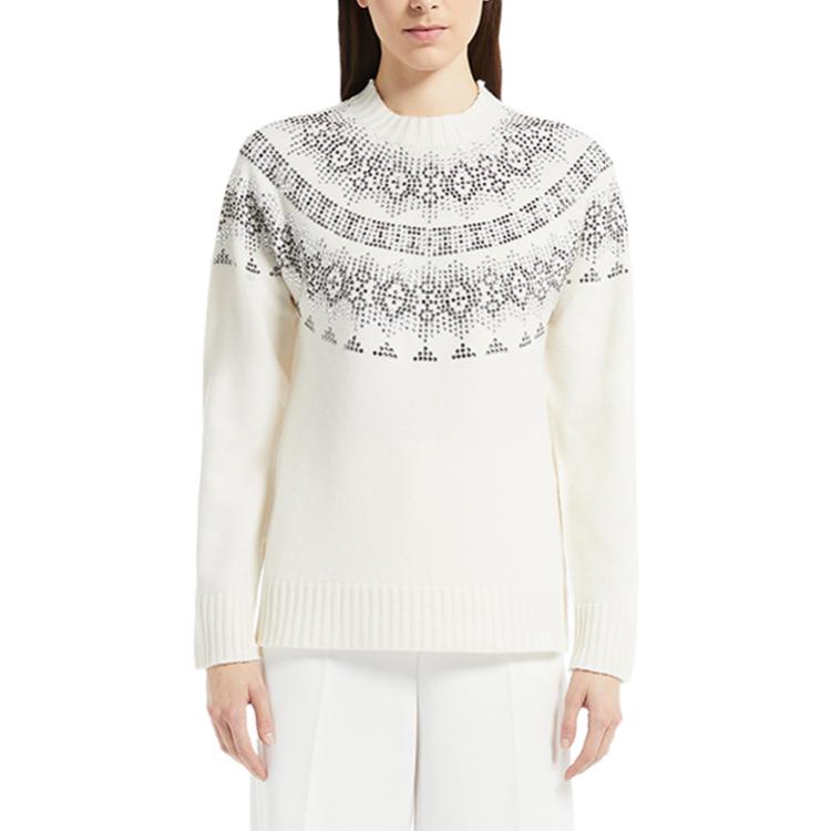 Shop (Women) 'S Max Mara MaxMara Osmio White  Cashmere Sweater with Rhinestone Ethnic Pattern. 1366082306001-OSMIO