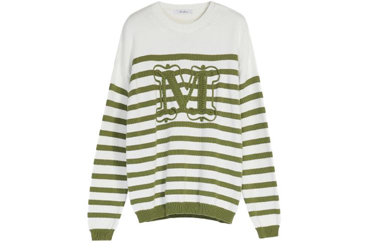 (Women) 'S Max Mara MaxMara Ragno SS22  Green Jacquard Striped Crewneck Knit Pullover 1361032106010-RAGNO