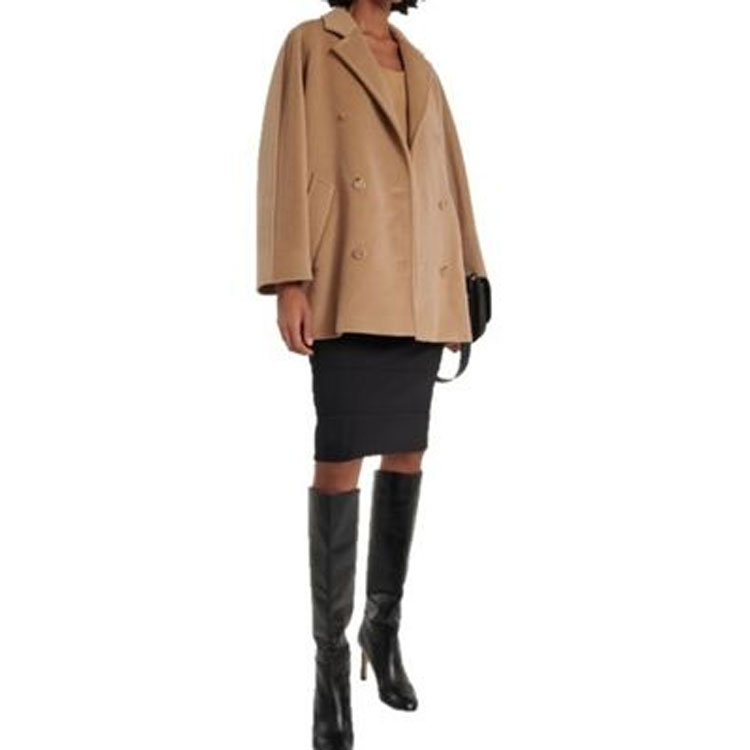 Purchase (W) ''S Max Mara MaxMara Rebus Mantel Wanita Pendek Double-Breasted Warna Solid Cokelat 1086023906001-REBUS