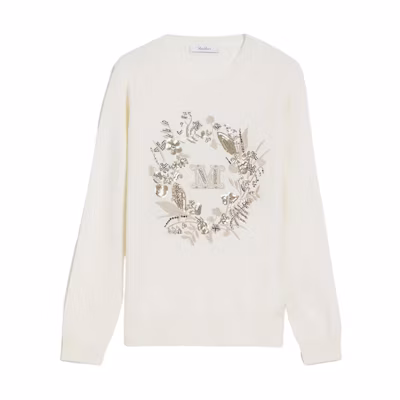 (Women) 'S Max Mara MaxMara SS24 Floral Letter Embroidery White Crewneck Sweater 1361094106022-BARI