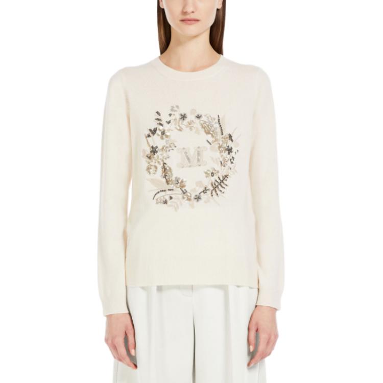Shop (Women) 'S Max Mara MaxMara SS24  Floral Letter Embroidery White Crewneck Sweater 1361094106022-BARI