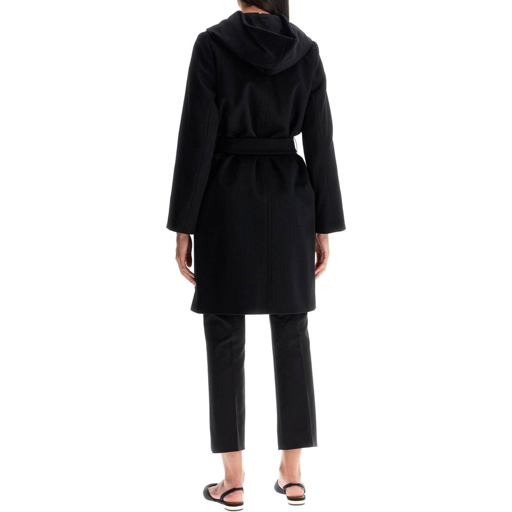 Shop (Women) 'S Max Mara MaxMara Studio  Black Hooded Long Sleeve Coat with Buttons 6016114106-013