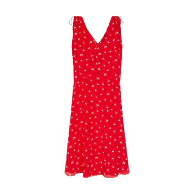 (Women) 'S Max Mara MaxMara Studio Red Silk V-Neck Sleeveless Printed Dress. 6221013106002-CANON