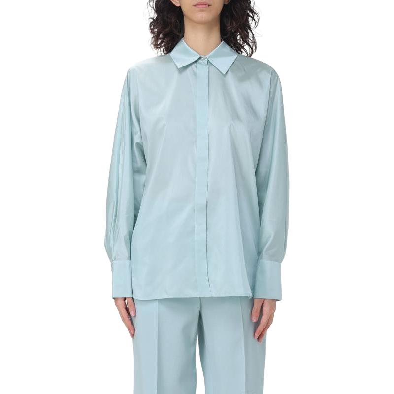 (Women) 'S Max Mara MaxMara Studio  Solid Blue Square Neck Button Long Sleeve Shirt 2416111013600004