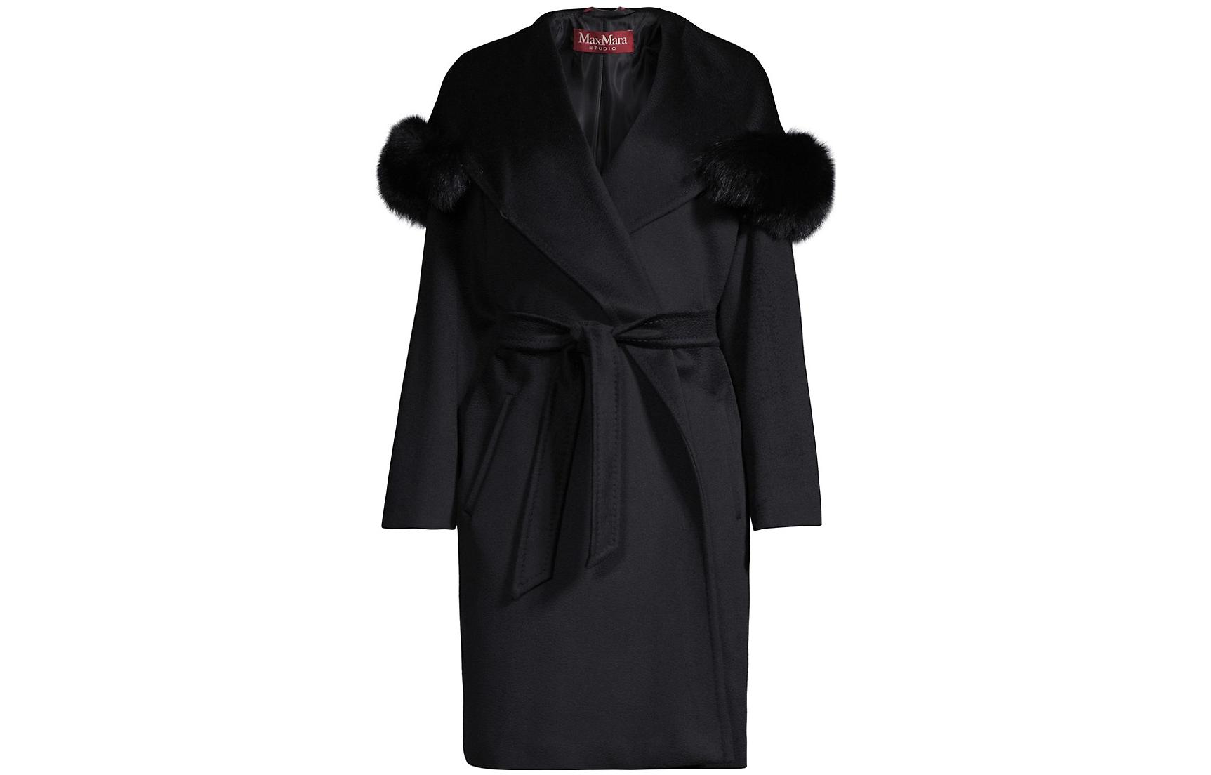 (Women) 'S Max Mara MaxMara Studio FW22  Black Coat with Fur Collar and Belted Hood 60161623000013-3MANGO