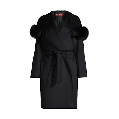 (Women) 'S Max Mara MaxMara Studio FW22 Black Coat with Fur Collar and Belted Hood 60161623000013-3MANGO