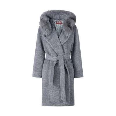 (Women) 'S Max Mara MaxMara Studio Gessy Gray Hooded Belted Mid-Length Wool Coat. 6016122306010-GESSY