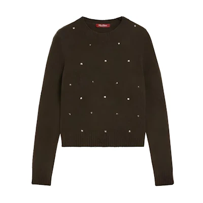 (Women) 'S Max Mara MaxMara Studio Harald Rhinestone Letter Knit Sweater in Khaki. 6366072306003-HARALD