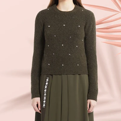 (Women) 'S Max Mara MaxMara Studio Harald Rhinestone Letter Knit Sweater in Khaki. 6366072306003-HARALD Lookbook (Women) 'S Max Mara MaxMara Studio Harald Rhinestone Letter Knit Sweater in Khaki. 6366072306003-HARALD