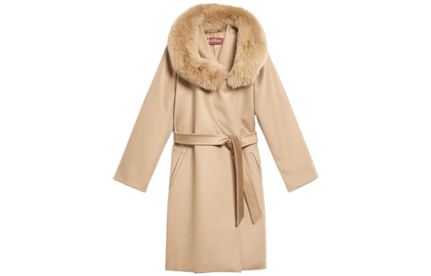 Order (W) ''S Max Mara Studio マンゴー キャメル タイウエスト コート ファー襟付き. 6016112906006-MANGO