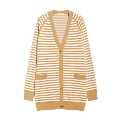 (Women) 'S Max Mara MaxMara Tenore Striped V-Neck Button-Up Knit Cardigan Women’s Yellow 1346024106008-TENORE