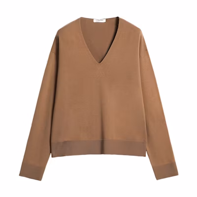 (Women) 'S Max Mara S MAX MARA Brown Solid V-Neck Wool Pullover Sweater 9366072906003-ALGHERO