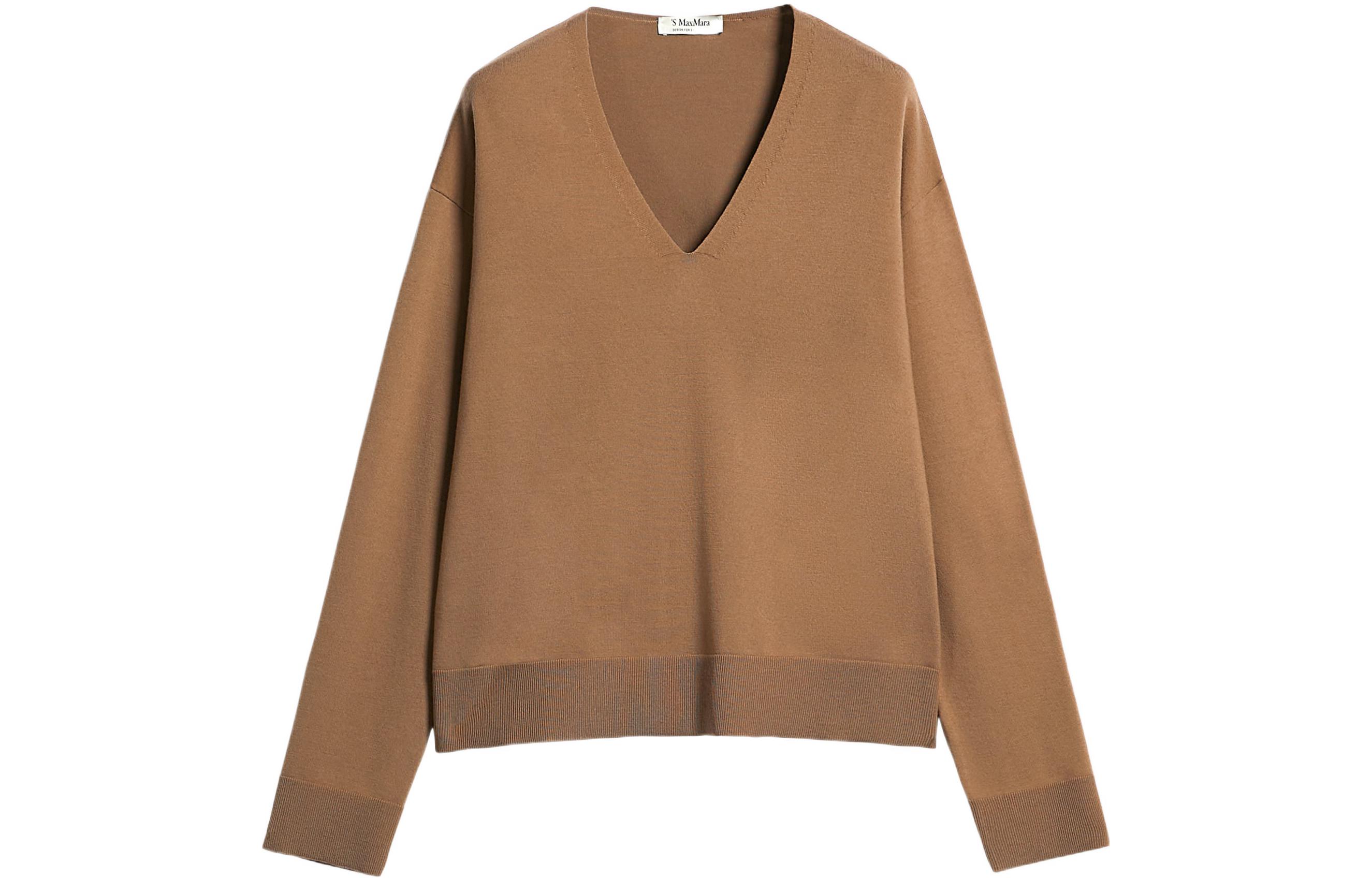 Order (W) ''S マックスマーラ S MAX MARA ブラウン 無地 Vネック ウール プルオーバー セーター 9366072906003-ALGHERO