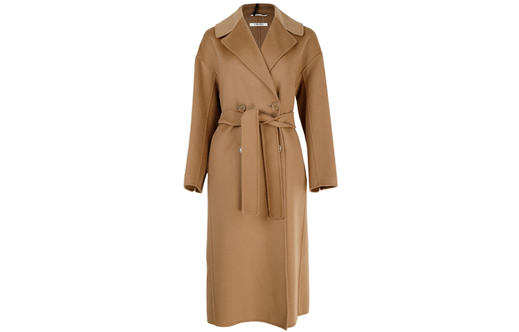 (Women) 'S Max Mara S MAX MARA  Brown Wool Long Coat with Belt and Wide Lapel Design 90160929045