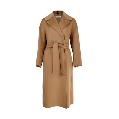 (Women) 'S Max Mara S MAX MARA Brown Wool Long Coat with Belt and Wide Lapel Design 90160929045