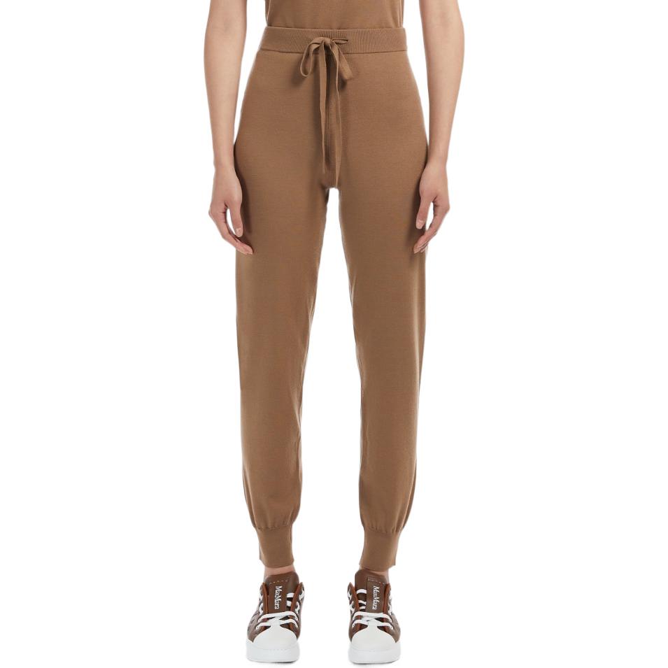 Shop (W) 막스마라 S MAX MARA 솔리드 컬러 타이 허리 스트레이트 핏 팬츠 - 카멜 브라운 9336012906003-ELIA