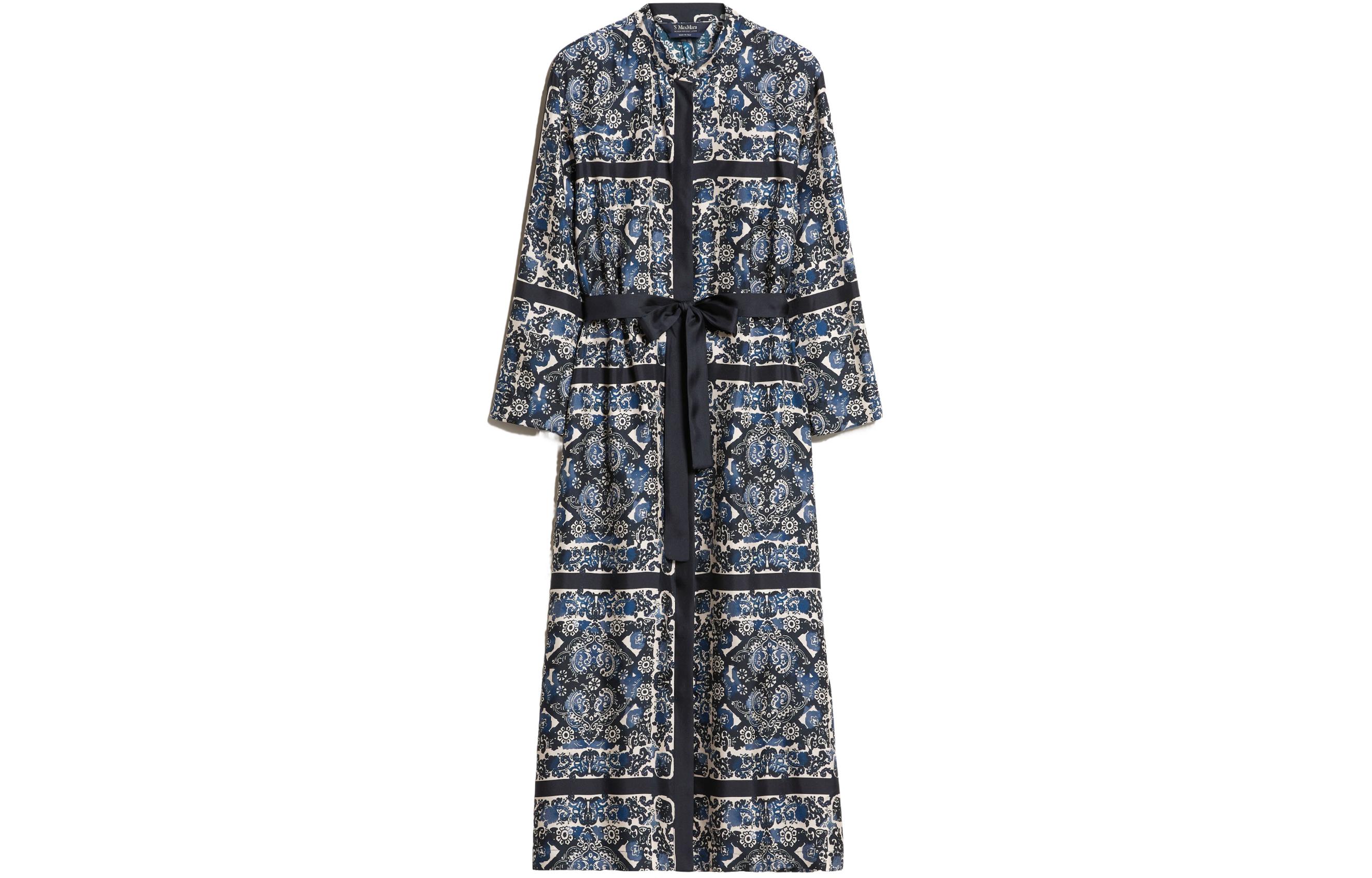 (Women) 'S Max Mara S MAX MARA Floral Print Belted Midi Long-Sleeve Dress - Dark Blue 9221184306-001