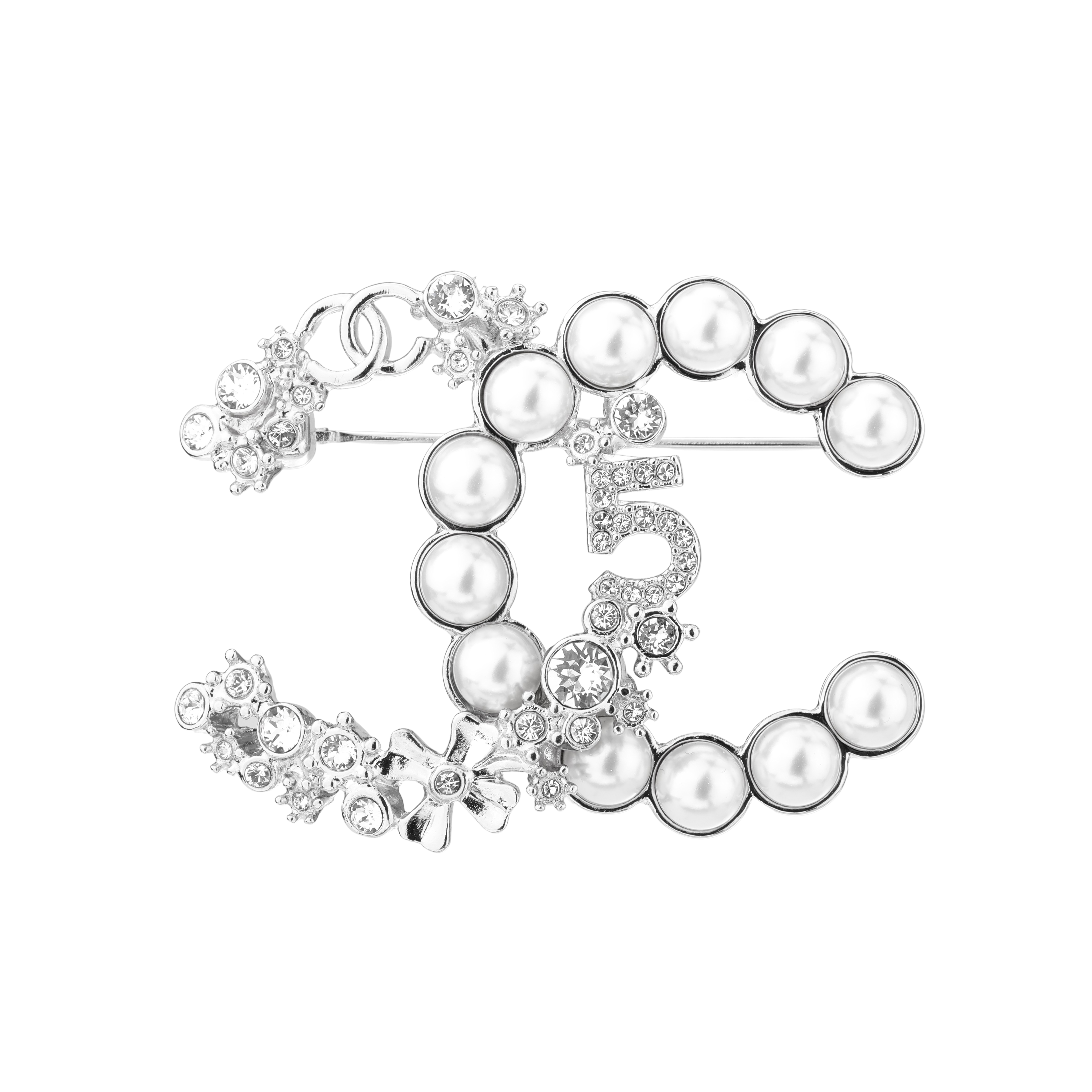(Women) [Spring Summer 2023] CHANEL Double C No.5 Brooch White with Pearls & Rhinestones ABA425-B10535-NN148