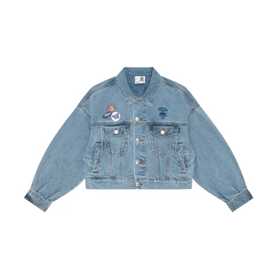 (Women) AAPE Blue Vintage Washed Embroidered Short Denim Jacket. AAPLJW7649XAM