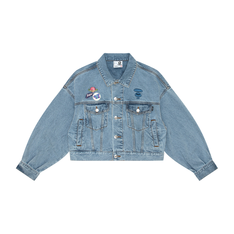 Order (W) AAPE 블루 빈티지 워싱 자수 숏 데님 자켓. AAPLJW7649XAM