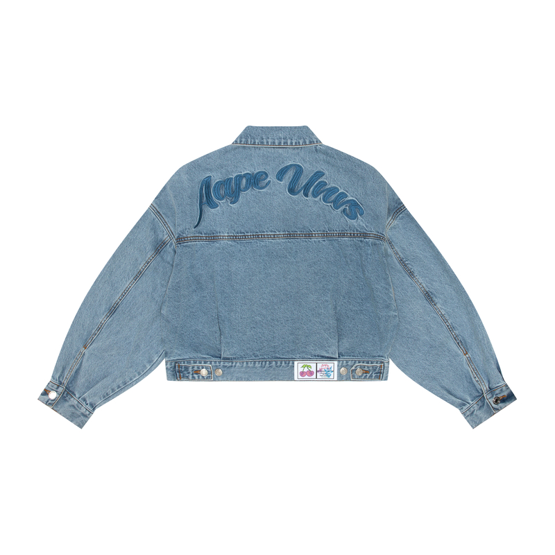 Lookbook (W) AAPE 블루 빈티지 워싱 자수 숏 데님 자켓. AAPLJW7649XAM