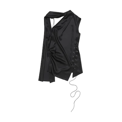 (Women) Acne Studios Black Sleeveless Wrap Shirt with Strap and Fringe. AC0706-900