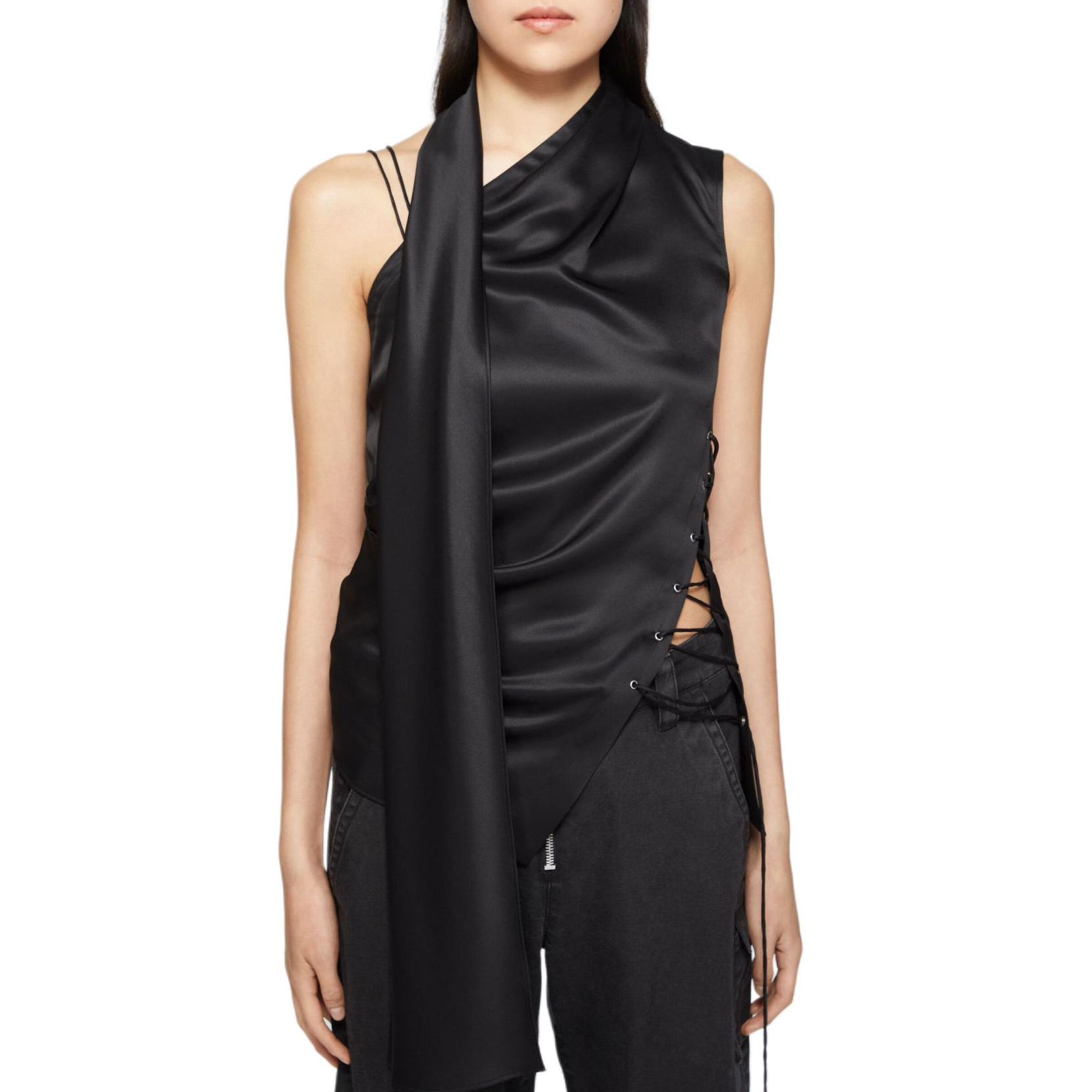 Lookbook (Women) Acne Studios  Black Sleeveless Wrap Shirt with Strap and Fringe. AC0706-900