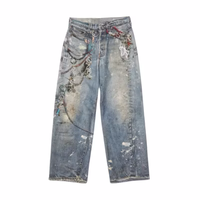(Women) Acne Studios Dirty Fit Graffiti Print Baggy Low-Waist Blue Jeans. AK0850-863