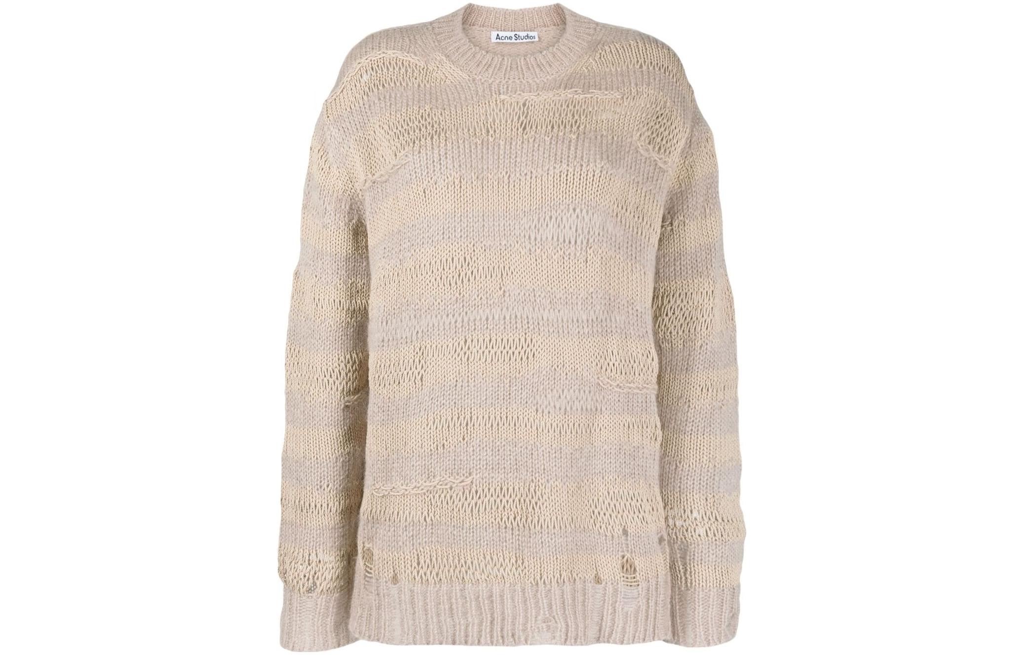(Women) Acne Studios  Distressed Stripe Crewneck Sweater Beige. A60399-DGF