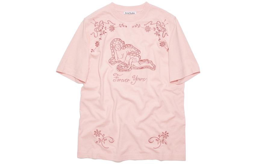 (Women) Acne Studios  Floral Embroidered Graphic Tee SS23 Light Pink. AL0323-AD5