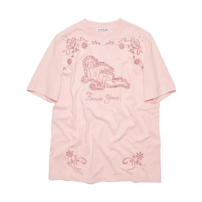 (Women) Acne Studios Floral Embroidered Graphic Tee SS23 Light Pink. AL0323-AD5