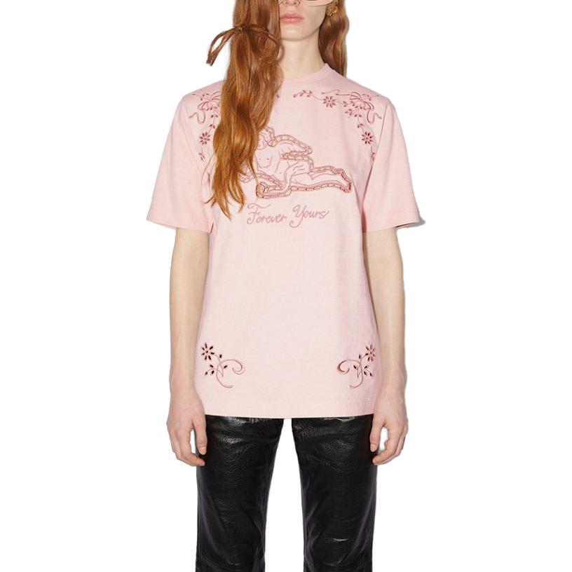 Lookbook (W) Acne Studios Kemeja-T Grafik Bunga Sulaman SS23 Pink Muda. AL0323-AD5