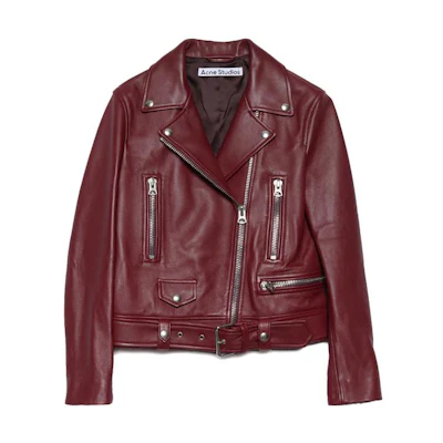 (Women) Acne Studios Red Cropped Biker Jacket with Zipper Details. A70065-BURGUNDY
