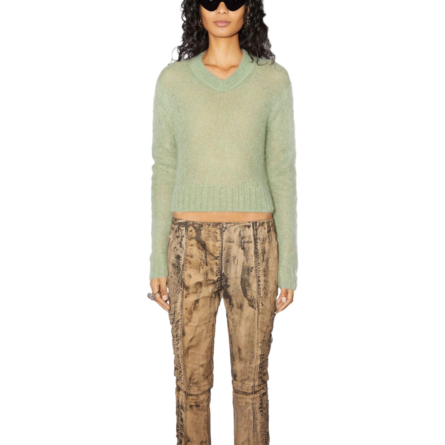 Lookbook (W) Cardigan de Punto Acne Studios de Mohair y Lana Gris-Verde con Escote en V. A60455-ABC