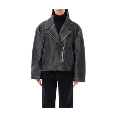 (Women) Acne Studios Black Leather Bomber Jacket Vintage Oversized Design A70183-900