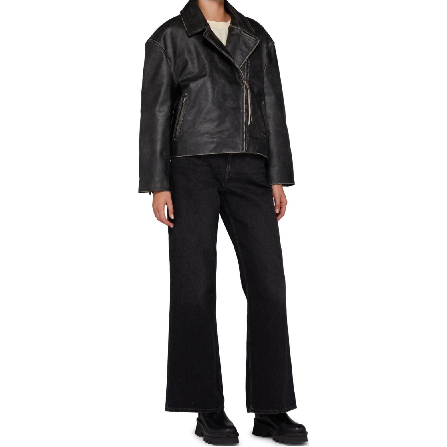 Shop (Women) Acne Studios Black Leather Bomber Jacket Vintage Oversized Design A70183-900