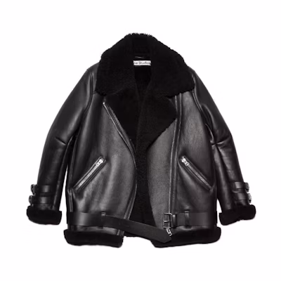 (Women) Acne Studios Black Leather Jacket with Shearling Collar A70079-Z32
