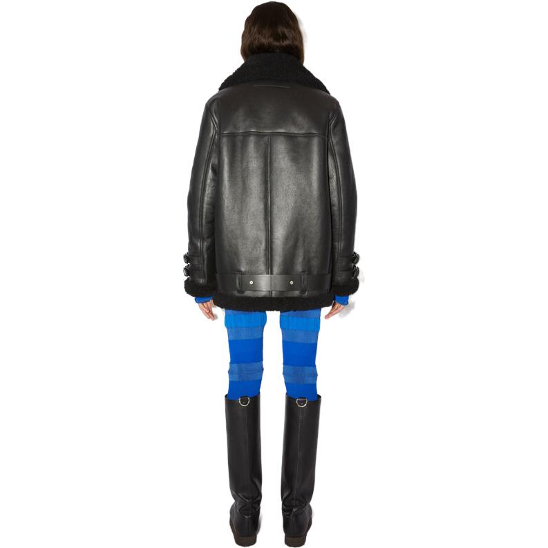 Shop (W) Acne Studios 黑色皮革外套搭配剪羊毛領 A70079-Z32