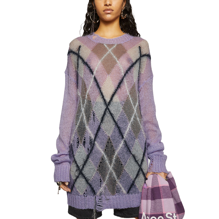 Lookbook (W) アクネ ストゥディオズ ダメージ ダイヤモンド ウール セーター ライトパープル A60186-AN0