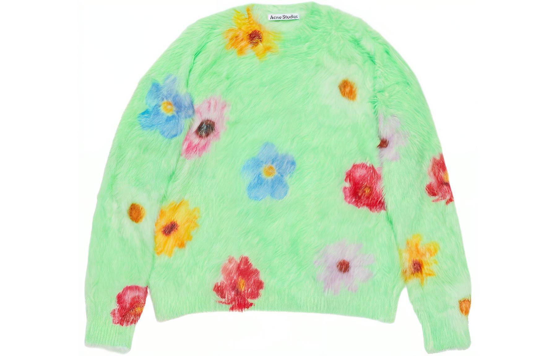 (Women) Acne Studios Floral Printed Fluffy Jumper  Green Pullover Sweater. A60494-CHE