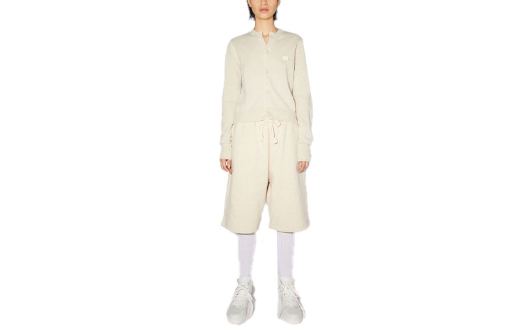 (Women) Acne Studios FW21 Beige Wool Cardigan Sweater with Smiley Face for Women. A60280-AEB