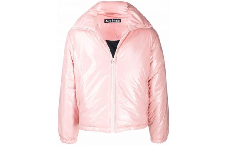 Order (W) Acne Studios FW21 Jaket Pink Glossy Puffer dengan Patch Wajah Bordir. C90066-AD1