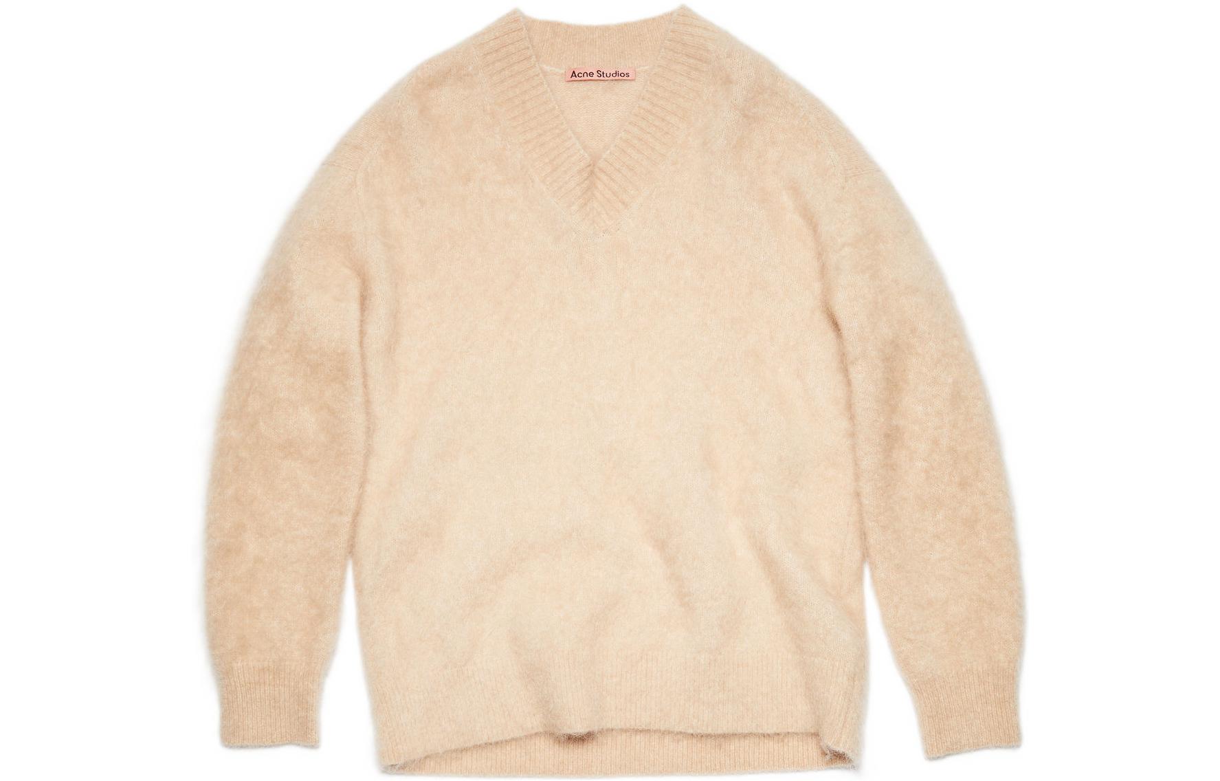 (Women) Acne Studios FW22  Brown Solid V-Neck Wool Sweater Pullover. A60386-AE2