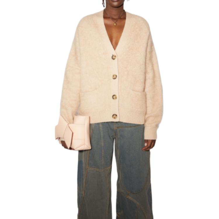 Details for (W) Acne Studios FW22 Kardigan Rajut V-Leher Bulu - Beige Hangat. A60385-AE2