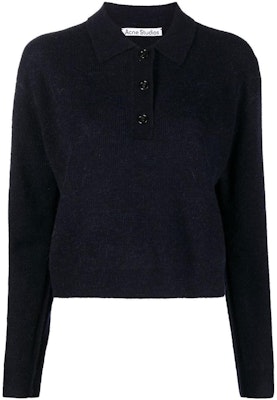 (Women) Acne Studios FW22 Solid Wool Polo Cardigan Sweater Deep Blue. A60334-833 Buy (Women) Acne Studios FW22 Solid Wool Polo Cardigan Sweater Deep Blue. A60334-833