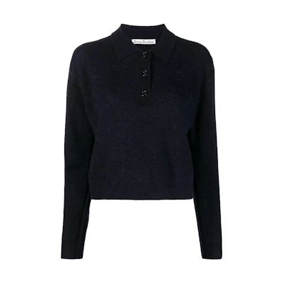 (Women) Acne Studios FW22 Solid Wool Polo Cardigan Sweater Deep Blue. A60334-833