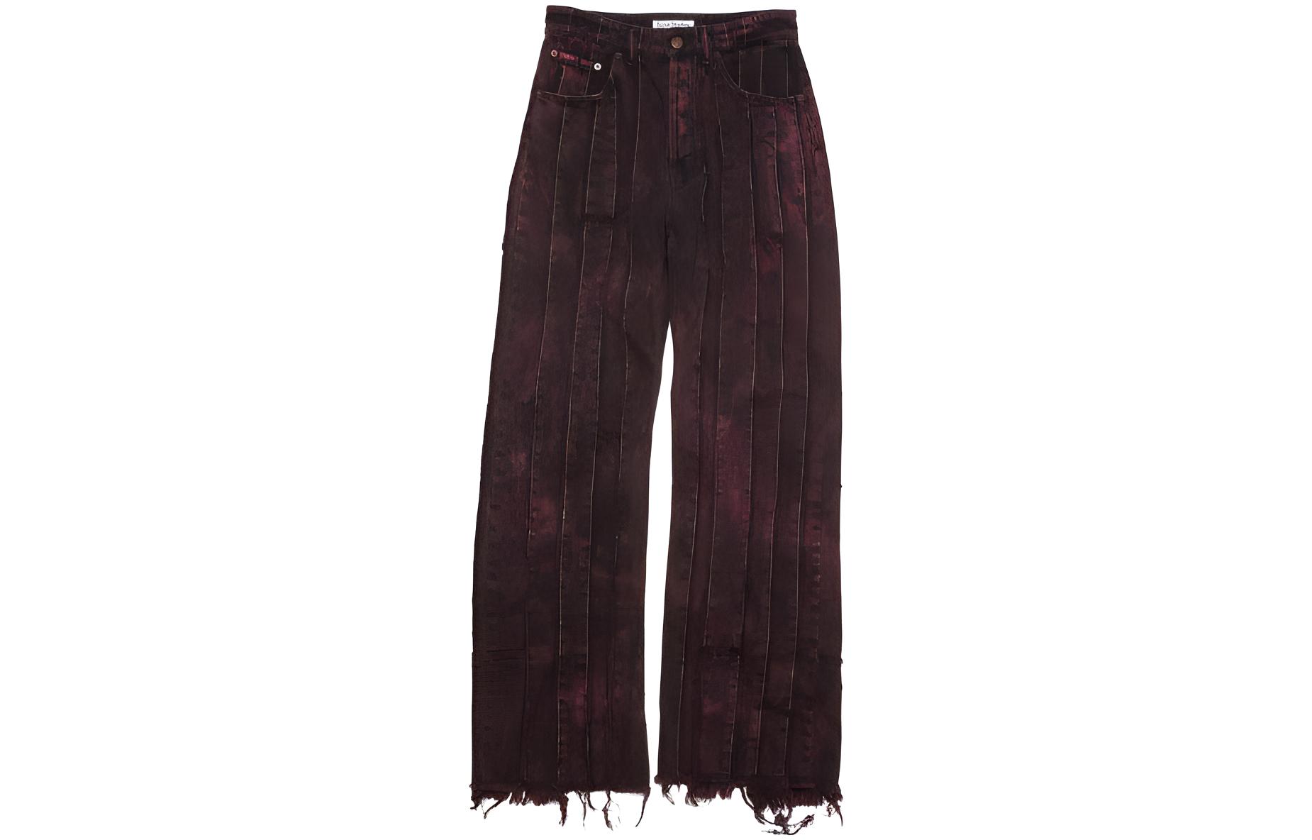 (Women) Acne Studios FW23  Burgundy Loose Distressed Striped Wide-Leg Denim Jeans. A00411-CQO