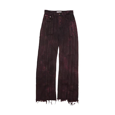 (Women) Acne Studios FW23 Burgundy Loose Distressed Striped Wide-Leg Denim Jeans. A00411-CQO