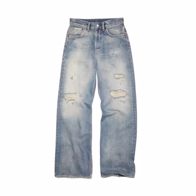 (Women) Acne Studios FW23 Distressed Loose Fit Wide-Leg Jeans Blue Denim. A00383-863